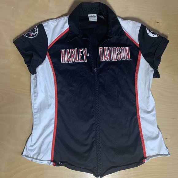 Harley Davidson Zip Up Shirt Womens Red & Black 2XL Work Shirt Garage Shirt - Picture 2 of 6